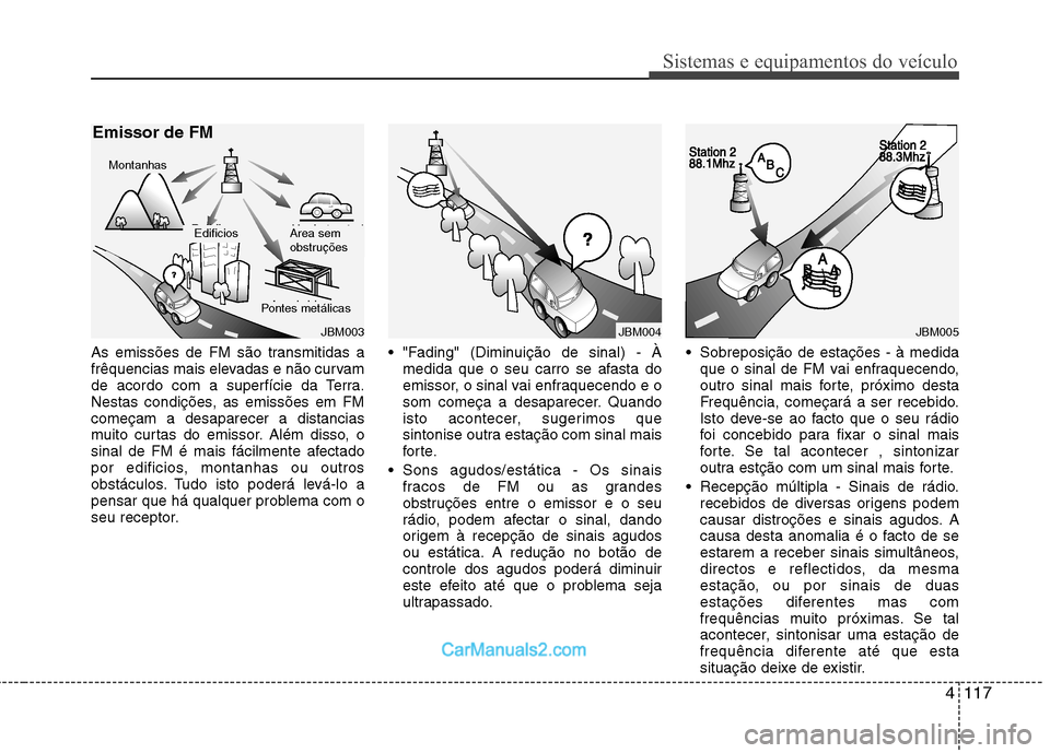 Hyundai Sonata 2012 Manual do proprietário (in Portuguese) 4117
Sistemas e equipamentos do veículo
As emissões de FM são transmitidas a
frêquencias mais elevadas e não curvam
de acordo com a superfície da Terra.
Nestas condições, as emissões em FMco Hyundai Sonata 2012 Manual do proprietário (in Portuguese) 4117
Sistemas e equipamentos do veículo
As emissões de FM são transmitidas a
frêquencias mais elevadas e não curvam
de acordo com a superfície da Terra.
Nestas condições, as emissões em FMco