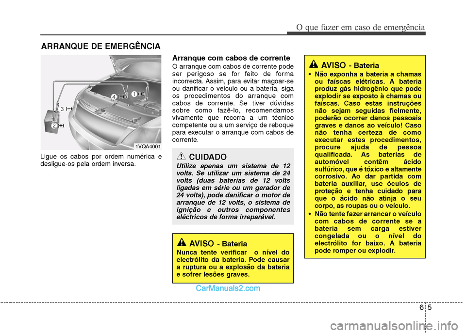 Hyundai Sonata 2012 Manual do proprietário (in Portuguese) 65
O que fazer em caso de emergência
ARRANQUE DE EMERGÊNCIA
Ligue os cabos por ordem numérica e
desligue-os pela ordem inversa. Arranque com cabos de corrente
O arranque com cabos de corrente pod Hyundai Sonata 2012 Manual do proprietário (in Portuguese) 65
O que fazer em caso de emergência
ARRANQUE DE EMERGÊNCIA
Ligue os cabos por ordem numérica e
desligue-os pela ordem inversa. Arranque com cabos de corrente
O arranque com cabos de corrente pod