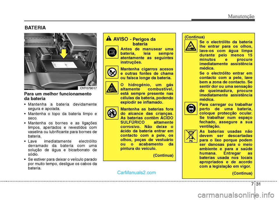 Hyundai Sonata 2012  Manual do proprietário (in Portuguese) 731
Manutenção
BATERIA
Para um melhor funcionamento da bateria 
 Mantenha a bateria devidamente segura e apoiada.
 Mantenha o topo da bateria limpo e seco.
 Mantenha os bornes e as ligações limpos