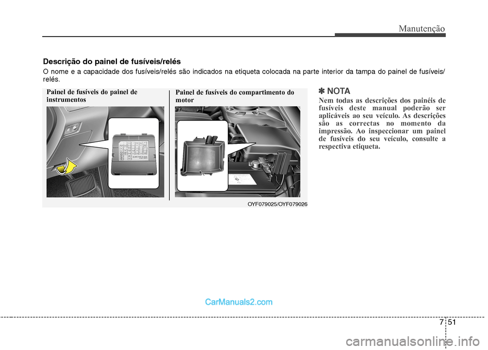 Hyundai Sonata 2012  Manual do proprietário (in Portuguese) 751
Manutenção
✽✽NOTA
Nem todas as descrições dos painéis de fusíveis deste manual poderão ser
aplicáveis ao seu veículo. As descrições
são as correctas no momento da
impressão. Ao in