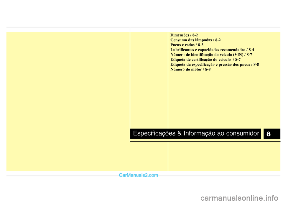 Hyundai Sonata 2012  Manual do proprietário (in Portuguese) 8
Dimensões / 8-2 Consumo das lâmpadas / 8-2
Pneus e rodas / 8-3
Lubrificantes e capacidades recomendados / 8-4
Número de identificação do veículo (VIN) / 8-7Etiqueta de certificação do veícu