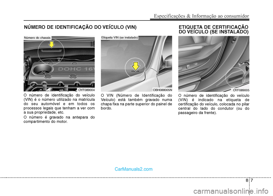 Hyundai Sonata 2012  Manual do proprietário (in Portuguese) 87
Especificações & Informação ao consumidor
NÚMERO DE IDENTIFICAÇÃO DO VEÍCULO (VIN)
O número de identificação do veículo (VIN) é o número utilizado na matrícula
do seu automóvel e em