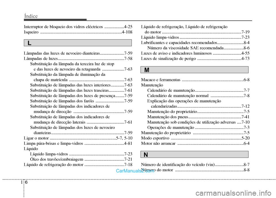 Hyundai Sonata 2012 Manual do proprietário (in Portuguese) Índice
6
I
Interruptor de bloqueio dos vidros eléctricos ..................4-25
Isqueiro ..........................................................................4-108
Lâmpadas das luzes de nevo Hyundai Sonata 2012 Manual do proprietário (in Portuguese) Índice
6
I
Interruptor de bloqueio dos vidros eléctricos ..................4-25
Isqueiro ..........................................................................4-108
Lâmpadas das luzes de nevo