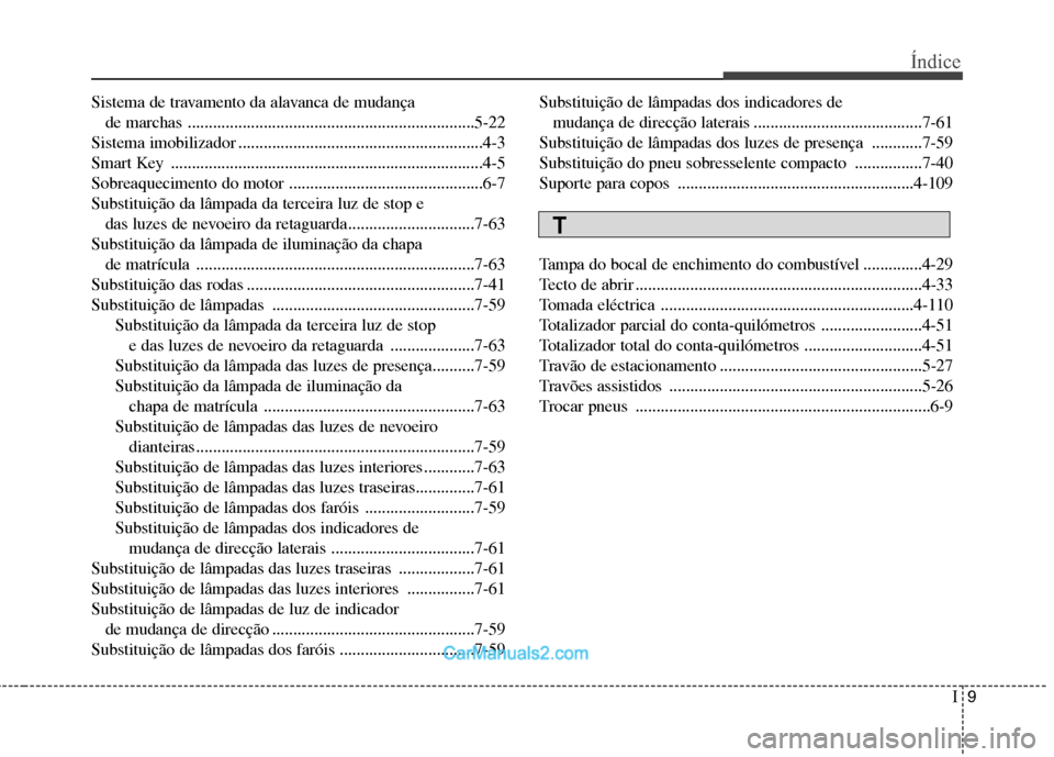 Hyundai Sonata 2012 Manual do proprietário (in Portuguese) I9
Índice
Sistema de travamento da alavanca de mudança
de marchas ....................................................................5-22
Sistema imobilizador ..................................... Hyundai Sonata 2012 Manual do proprietário (in Portuguese) I9
Índice
Sistema de travamento da alavanca de mudança
de marchas ....................................................................5-22
Sistema imobilizador .....................................