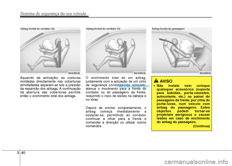 Hyundai Sonata 2012  Manual do proprietário (in Portuguese) Sistema de segurança do seu veículo
40
3
Aquando da activação, as costuras 
moldadas directamente nas coberturas
almofadadas separam-se sob a pressão
da expansão dos airbags. A continuação
da 
