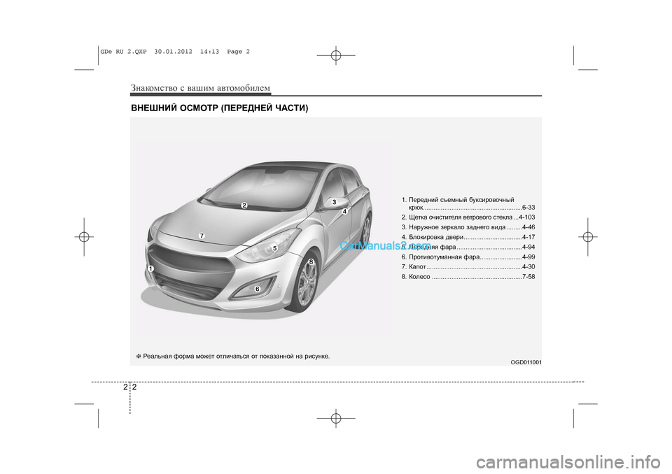 Hyundai Sonata 2012  Инструкция по эксплуатации (in Russian) 22ÂÍÅØÍÈÉ ÎÑÌÎÒÐ (ÏÅÐÅÄÍÅÉ ×ÀÑÒÈ)Çíàêîìñòâî ñ âàøèì àâòîìîáèëåì
1. Ïåðåäíèé ñúåìíûé áóêñèðîâî÷íûé êðþê.............