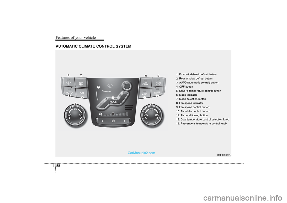 Hyundai Sonata 2011  Owners Manual 
Features of your vehicle88
4AUTOMATIC CLIMATE CONTROL SYSTEM
1. Front windshield defrost button
2. Rear window defrost button
3. AUTO (automatic control) button
4. OFF button
5. Driver’s temperatur