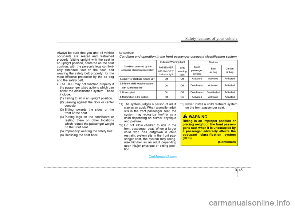 Hyundai Sonata 2011 Owners Manual
345
Safety features of your vehicle
Always be sure that you and all vehicle
occupants are seated and restrained
properly (sitting upright with the seat in
an upright position, centered on the seat
cu Hyundai Sonata 2011 Owners Manual
345
Safety features of your vehicle
Always be sure that you and all vehicle
occupants are seated and restrained
properly (sitting upright with the seat in
an upright position, centered on the seat
cu