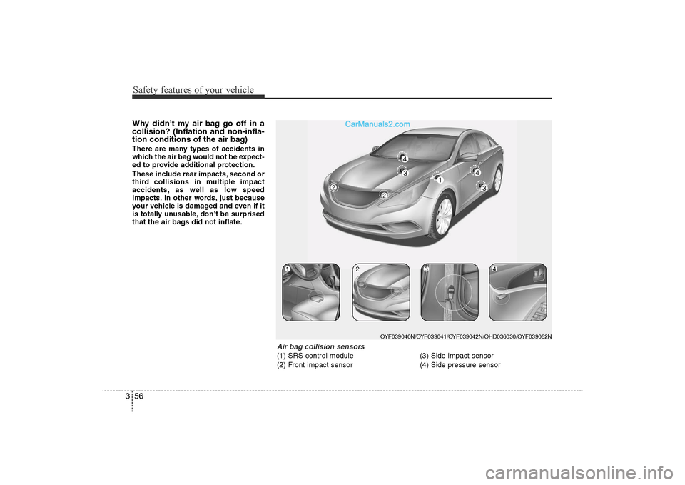 Hyundai Sonata 2011  Owners Manual 
Safety features of your vehicle56
3Why didn’t my air bag go off in a
collision? (Inflation and non-infla-
tion conditions of the air bag)There are many types of accidents in
which the air bag would