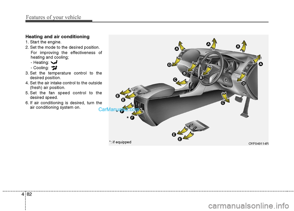 Hyundai Sonata 2011  Owners Manual - RHD (UK, Australia) Features of your vehicle
82
4
Heating and air conditioning 
1. Start the engine.
2. Set the mode to the desired position.
For improving the effectiveness of heating and cooling;- Heating: - Cooling:
3