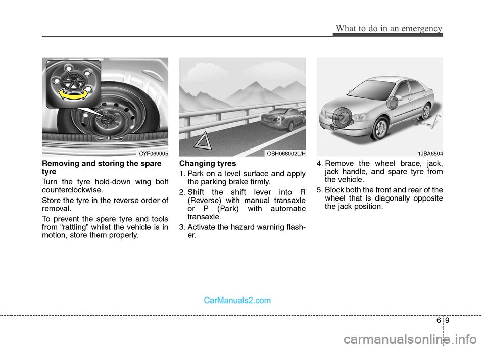 Hyundai Sonata 2011  Owners Manual - RHD (UK, Australia) 69
What to do in an emergency
Removing and storing the spare tyre   
Turn the tyre hold-down wing bolt 
counterclockwise. 
Store the tyre in the reverse order of 
removal. 
To prevent the spare tyre a