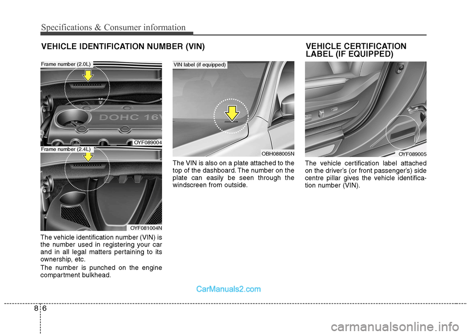 Hyundai Sonata 2011  Owners Manual - RHD (UK, Australia) Specifications & Consumer information
6
8
VEHICLE IDENTIFICATION NUMBER (VIN)
The vehicle identification number (VIN) is 
the number used in registering your car
and in all legal matters pertaining to