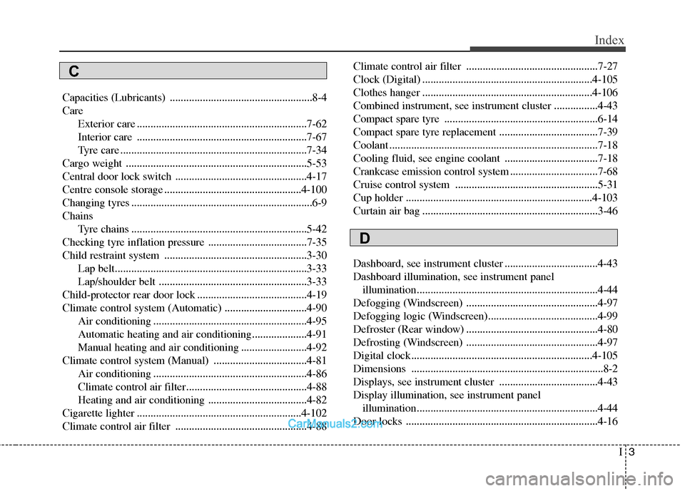 Hyundai Sonata 2011  Owners Manual - RHD (UK, Australia) I3
Index
Capacities (Lubricants) ....................................................8-4 Care
Exterior care ..............................................................7-62
Interior care ...........