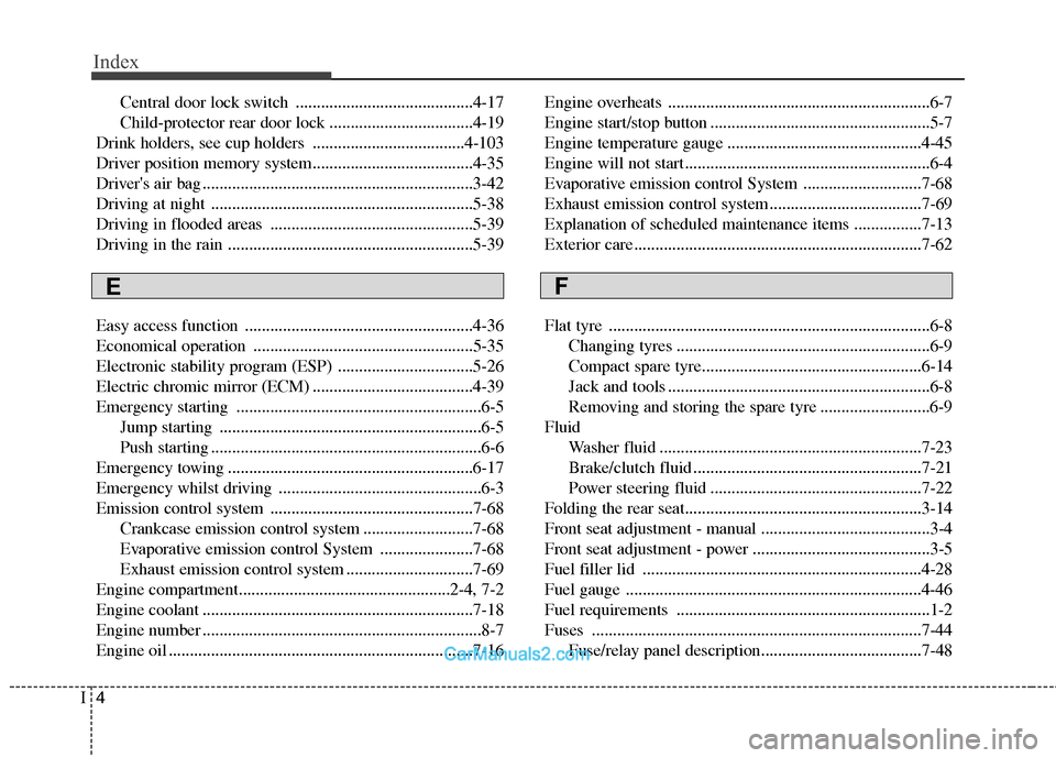 Hyundai Sonata 2011  Owners Manual - RHD (UK, Australia) Index
4
I
Central door lock switch ..........................................4-17 
Child-protector rear door lock ..................................4-19
Drink holders, see cup holders ................