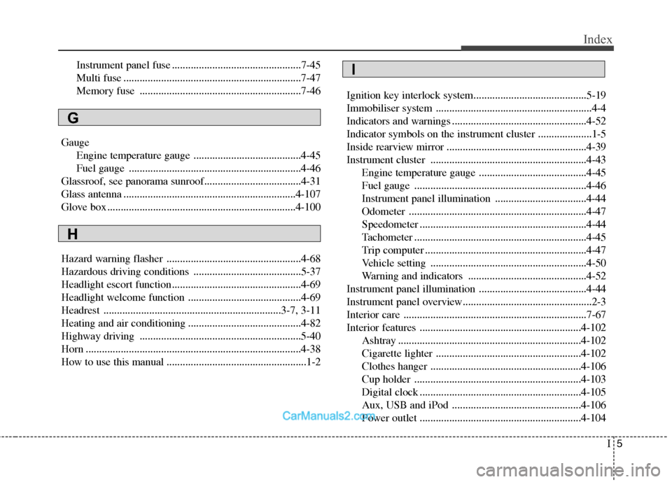 Hyundai Sonata 2011  Owners Manual - RHD (UK, Australia) I5
Index
Instrument panel fuse ................................................7-45 
Multi fuse ..................................................................7-47
Memory fuse .....................