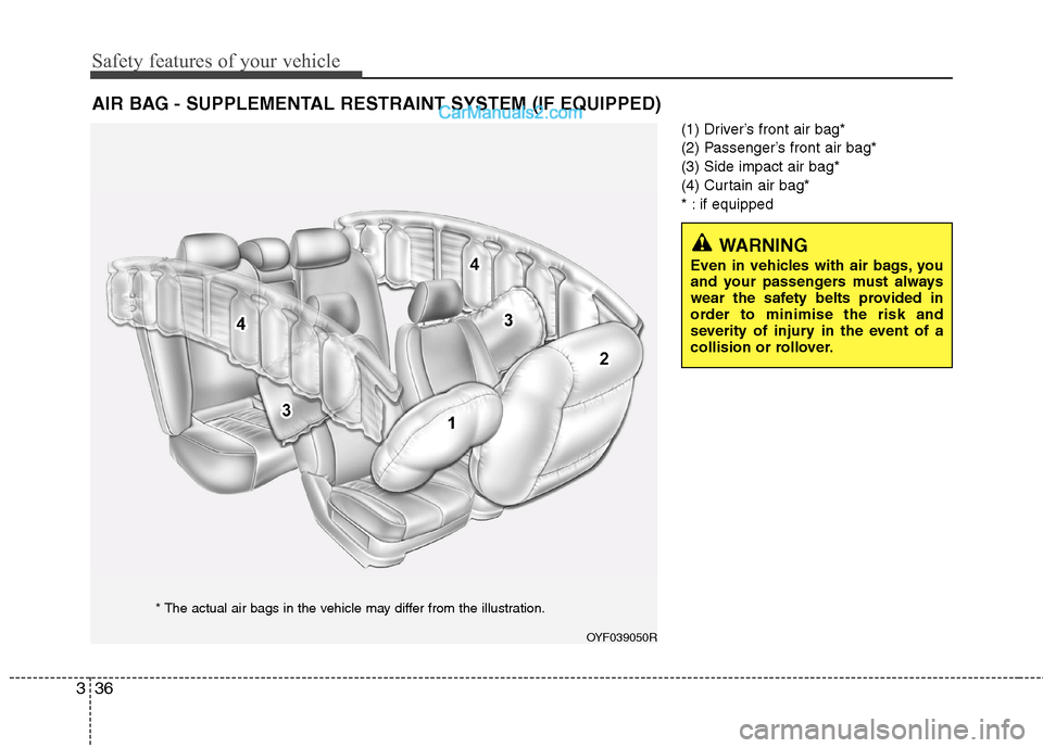 Hyundai Sonata 2011  Owners Manual - RHD (UK, Australia) Safety features of your vehicle
36
3
(1) Driver’s front air bag* 
(2) Passenger’s front air bag*(3) Side impact air bag*
(4) Curtain air bag*
* : if equipped
AIR BAG - SUPPLEMENTAL RESTRAINT SYSTE