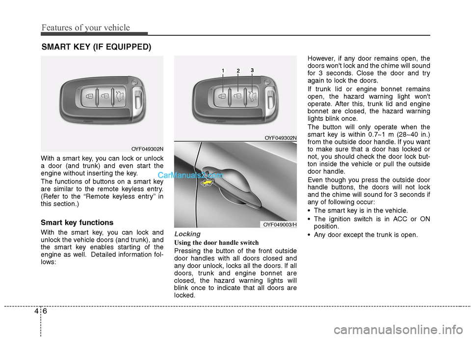 Hyundai Sonata 2011  Owners Manual - RHD (UK, Australia) Features of your vehicle
6
4
With a smart key, you can lock or unlock 
a door (and trunk) and even start the
engine without inserting the key. 
The functions of buttons on a smart key 
are similar to 