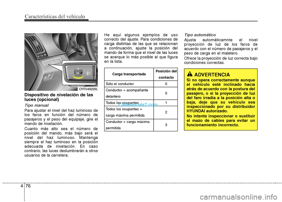 Hyundai Sonata 2011 Manual del propietario (in Spanish) Características del vehículo
76
4
Dispositivo de nivelación de las luces (opcional)
Tipo manual
Para ajustar el nivel del haz luminoso de
los faros en función del número de
pasajeros y el peso d Hyundai Sonata 2011 Manual del propietario (in Spanish) Características del vehículo
76
4
Dispositivo de nivelación de las luces (opcional)
Tipo manual
Para ajustar el nivel del haz luminoso de
los faros en función del número de
pasajeros y el peso d