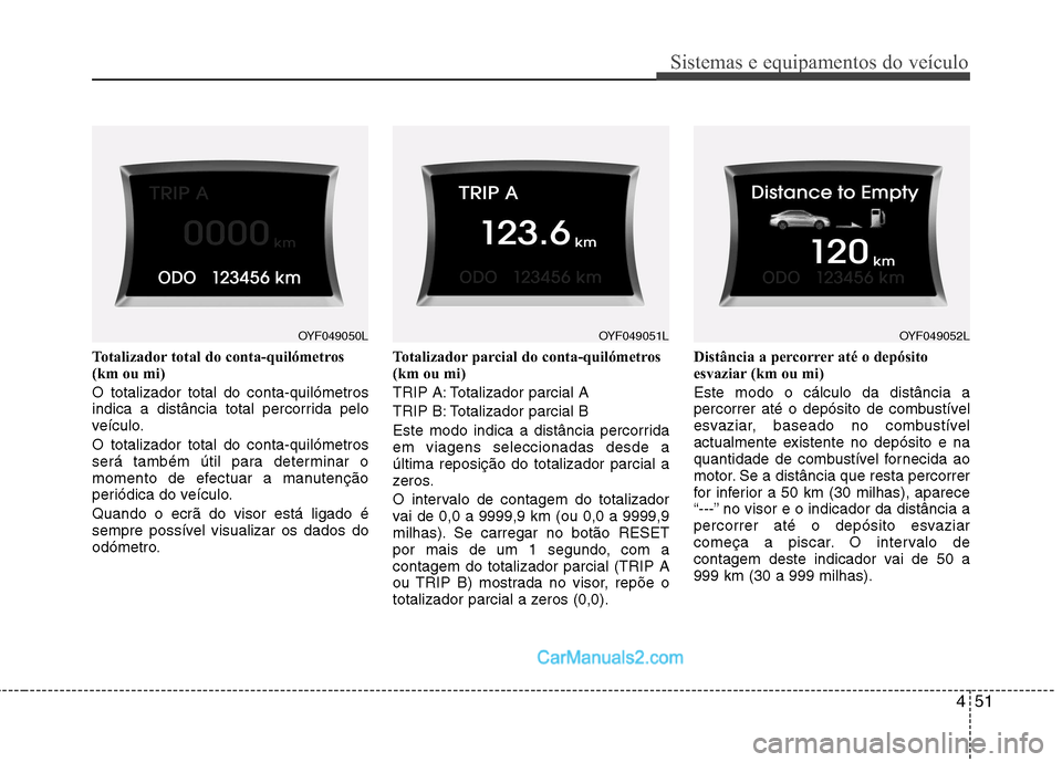 Hyundai Sonata 2011  Manual do proprietário (in Portuguese) 451
Sistemas e equipamentos do veículo
Totalizador total do conta-quilómetros 
(km ou mi) O totalizador total do conta-quilómetros 
indica a distância total percorrida pelo
veículo. O totalizador