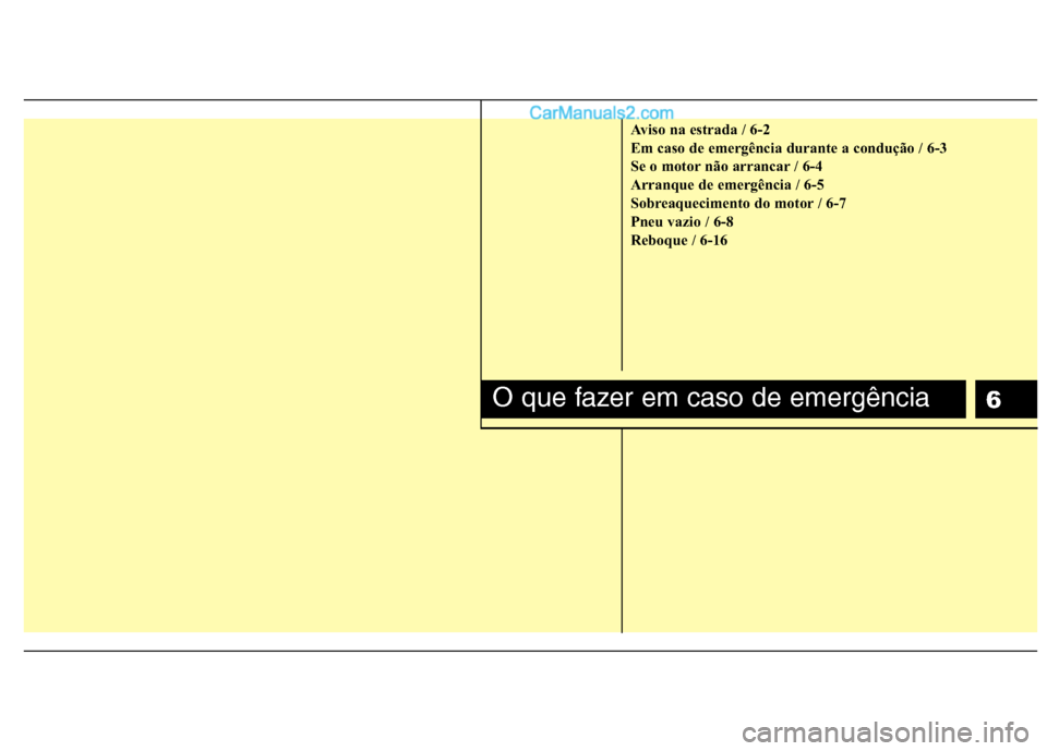 Hyundai Sonata 2011  Manual do proprietário (in Portuguese) 6
Aviso na estrada / 6-2 
Em caso de emergência durante a condução / 6-3
Se o motor não arrancar / 6-4
Arranque de emergência / 6-5
Sobreaquecimento do motor / 6-7
Pneu vazio / 6-8
Reboque / 6-16