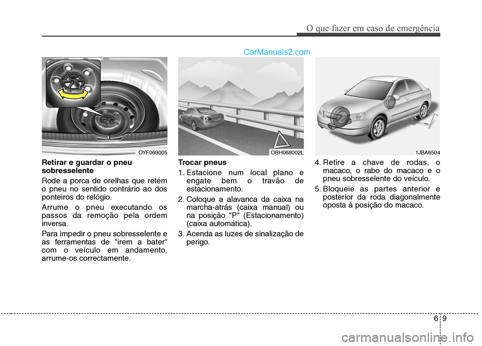 Hyundai Sonata 2011  Manual do proprietário (in Portuguese) 69
O que fazer em caso de emergência
Retirar e guardar o pneu sobresselente Rode a porca de orelhas que retém 
o pneu no sentido contrário ao dos
ponteiros do relógio. 
Arrume o pneu executando os