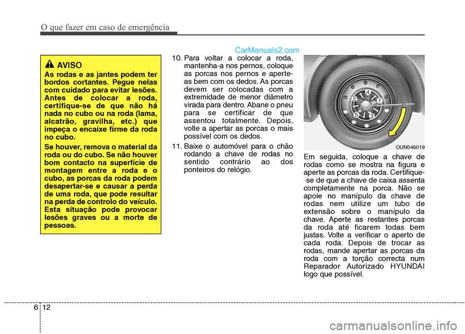 Hyundai Sonata 2011  Manual do proprietário (in Portuguese) O que fazer em caso de emergência
12
6
10. Para voltar a colocar a roda,
mantenha-a nos pernos, coloque 
as porcas nos pernos e aperte-
as bem com os dedos. As porcas
devem ser colocadas com a
extrem