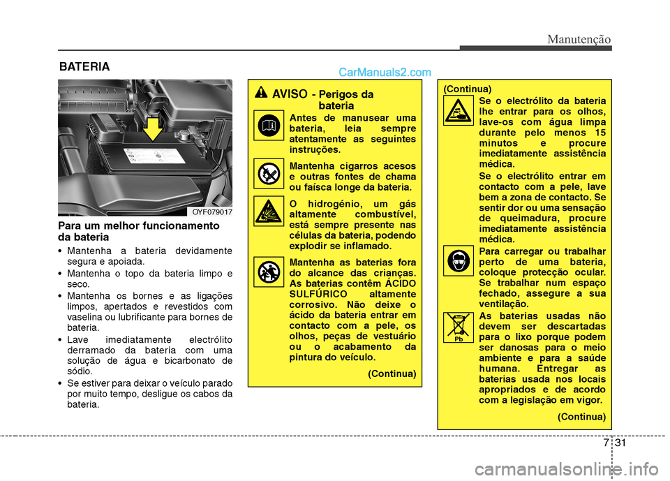 Hyundai Sonata 2011  Manual do proprietário (in Portuguese) 731
Manutenção
BATERIA
Para um melhor funcionamento da bateria 
 Mantenha a bateria devidamente segura e apoiada.
 Mantenha o topo da bateria limpo e seco.
 Mantenha os bornes e as ligações limpos