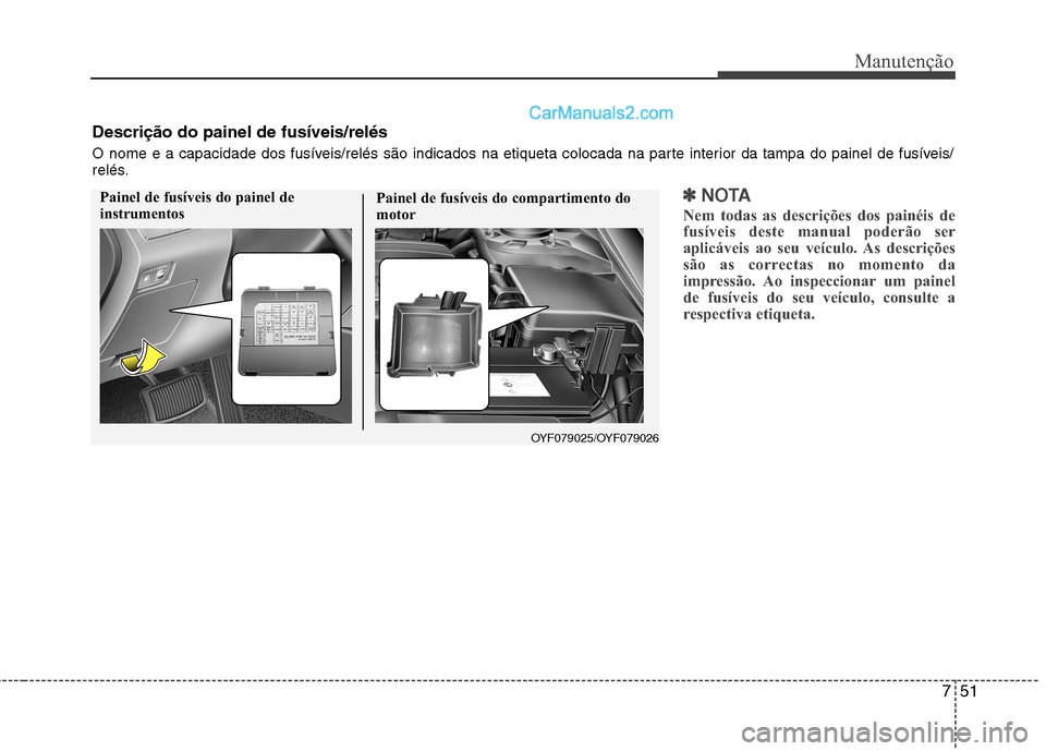 Hyundai Sonata 2011  Manual do proprietário (in Portuguese) 751
Manutenção
✽✽NOTA
Nem todas as descrições dos painéis de 
fusíveis deste manual poderão ser
aplicáveis ao seu veículo. As descrições
são as correctas no momento da
impressão. Ao i