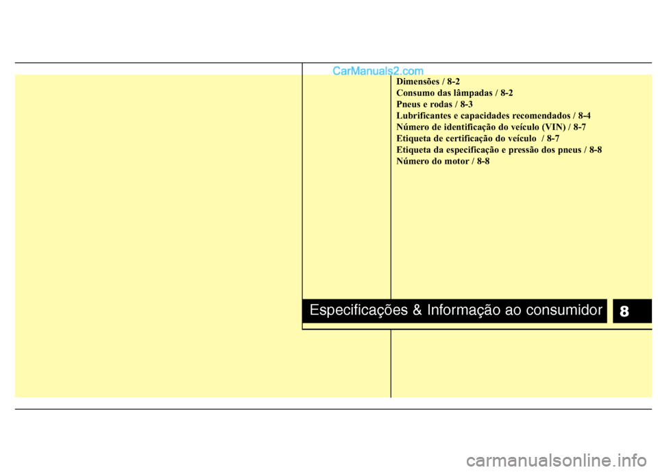 Hyundai Sonata 2011  Manual do proprietário (in Portuguese) 8
Dimensões / 8-2 
Consumo das lâmpadas / 8-2
Pneus e rodas / 8-3
Lubrificantes e capacidades recomendados / 8-4
Número de identificação do veículo (VIN) / 8-7
Etiqueta de certificação do veí