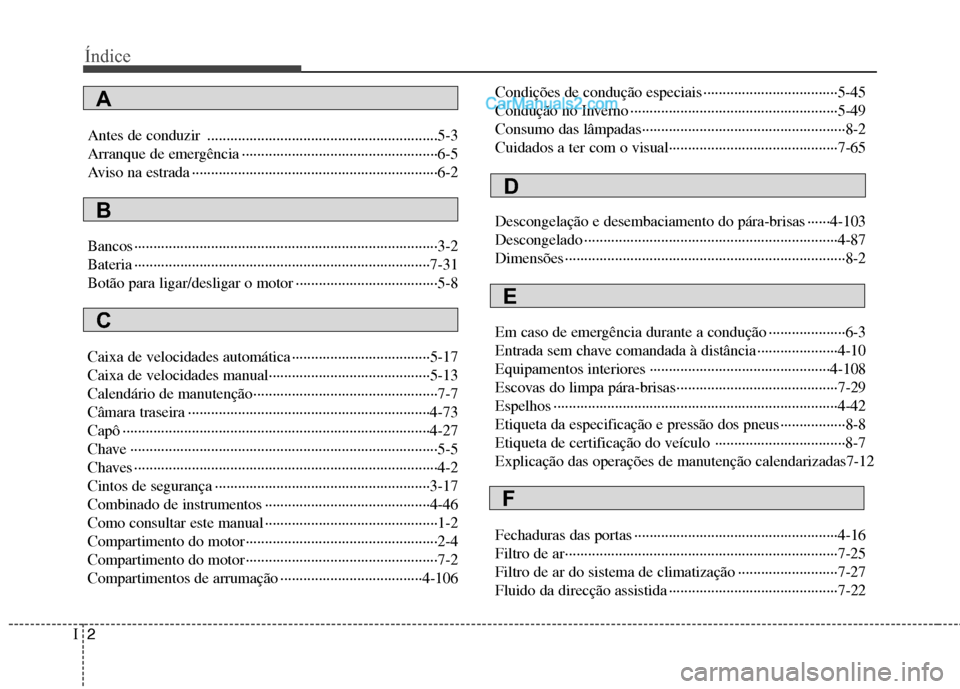 Hyundai Sonata 2011  Manual do proprietário (in Portuguese) Índice
2
I
Antes de conduzir ............................................................5-3 
Arranque de emergência ········································