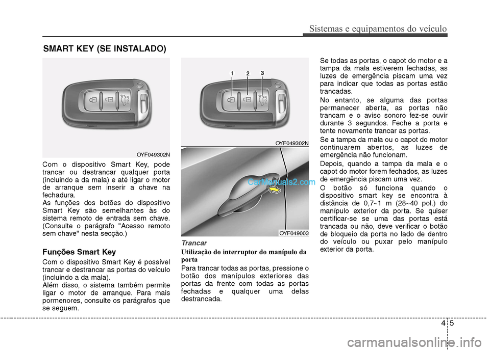 Hyundai Sonata 2011  Manual do proprietário (in Portuguese) 45
Sistemas e equipamentos do veículo
Com o dispositivo Smart Key, pode 
trancar ou destrancar qualquer porta(incluindo a da mala) e até ligar o motor
de arranque sem inserir a chave na
fechadura.
A
