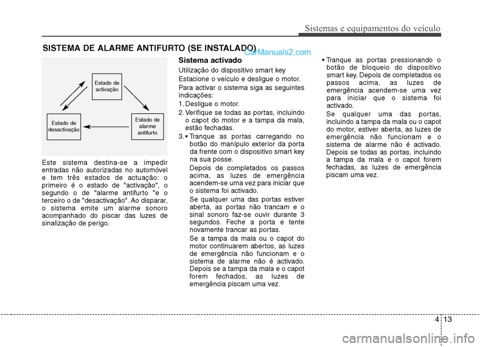 Hyundai Sonata 2011  Manual do proprietário (in Portuguese) 413
Sistemas e equipamentos do veículo
Este sistema destina-se a impedir 
entradas não autorizadas no automóvel
e tem três estados de actuação: o
primeiro é o estado de "activação", o
segundo