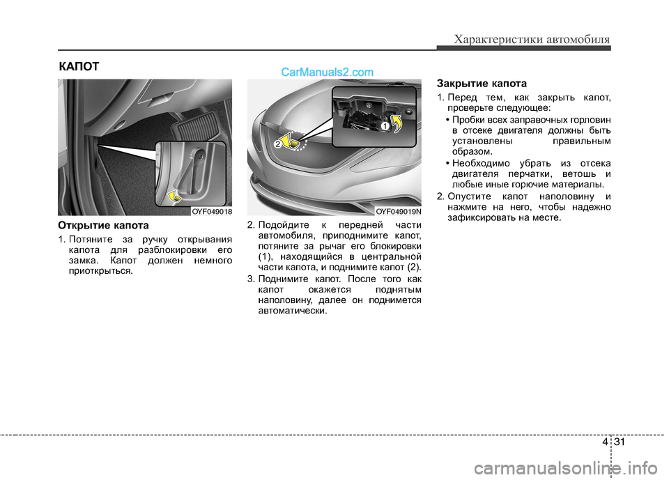 Hyundai Sonata 2011  Инструкция по эксплуатации (in Russian) 431
Характеристики автомобиля
Открытие капота   
1. Потяните за ручку открываниякапота для разблокировки его 
з