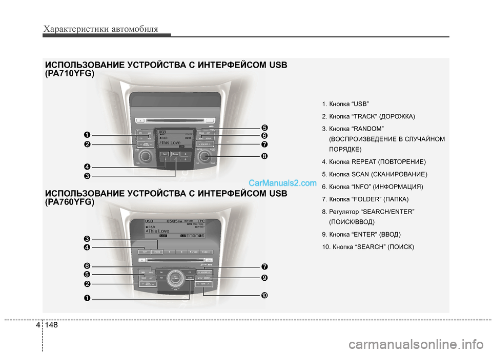 Hyundai Sonata 2011  Инструкция по эксплуатации (in Russian) Характеристики автомобиля
148
4
1. Кнопка “USB” 
2. Кнопка “TRACK” (ДОРОЖКА)
3. Кнопка “RANDOM”
(ВОСПРОИЗВЕДЕНИЕ В СЛУЧ