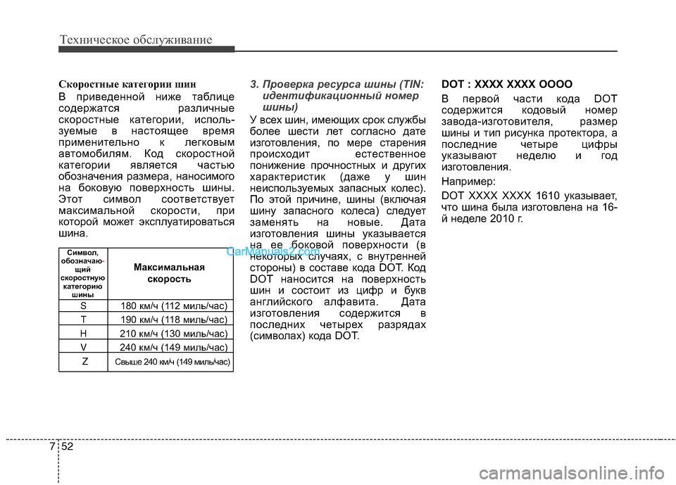 Hyundai Sonata 2011  Инструкция по эксплуатации (in Russian) Техническое обслуживание
52
7
Скоростные категории шин 
В приведенной ниже таблице 
содержатся различные
скор