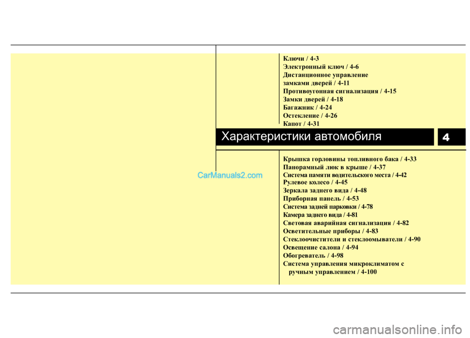 Hyundai Sonata 2011  Инструкция по эксплуатации (in Russian) 4
Ключи / 4-3 
Электронный ключ / 4-6
Дистанционное управление 
замками дверей / 4-11
Противоугонная сигнализация / 4-