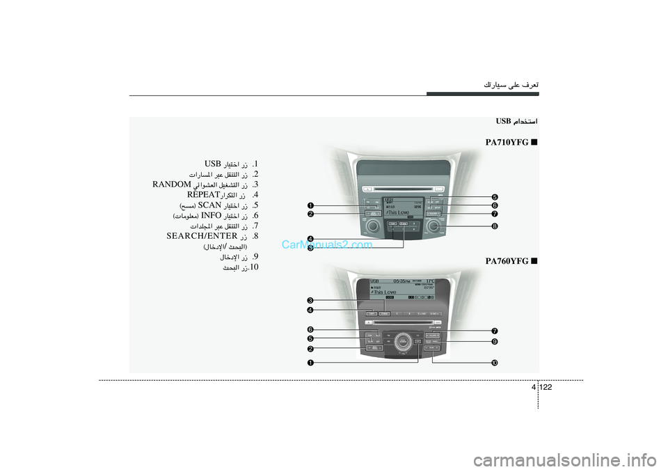 Hyundai Sonata 2011  دليل المالك pð—UOÝ vKŽ ·dFð
122 4
 Â«b	²Ý« USB
■   PA710YFG
■   PA760YFG
1 Æ —“    —UO²š«  USB
2 Æ —“   qIM²«   d³Ž    «—U*«
3 Æ —“   qOGA²«    wz«uAF«  RANDOM