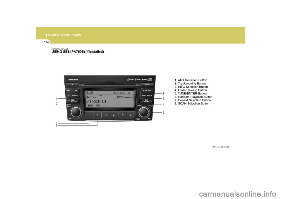 Hyundai Sonata 2010  Owners Manual 1FEATURES OF YOUR HYUNDAI
134
PA760SE01NF-AATUSING USB (PA760S) (If Installed)
H_NF_A_U_CDC_USB
1. AUX Selection Button
2. Track moving Button
3. INFO Selection Button
4. Folder moving Button
5. TUNE/