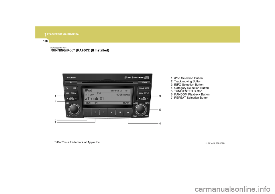 Hyundai Sonata 2010  Owners Manual 1FEATURES OF YOUR HYUNDAI
138
PA760SG01NF-AATRUNNING iPod
®  (PA760S) (If Installed)
H_NF_A_U_CDC_IPOD
1. iPod Selection Button
2. Track moving Button
3. INFO Selection Button
4. Category Selection B
