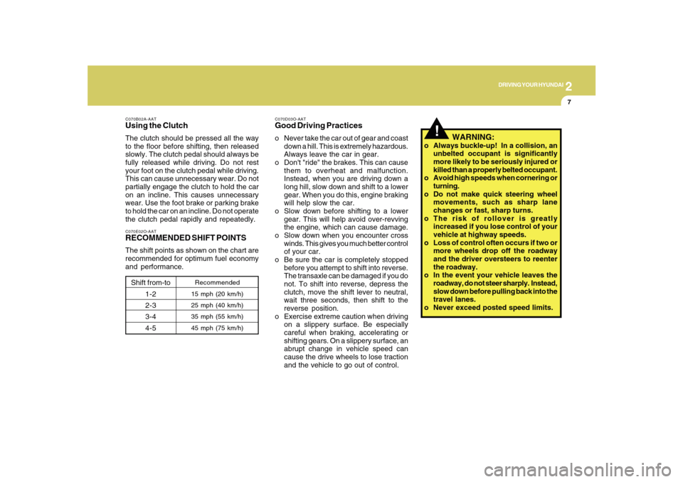 Hyundai Sonata 2010  Owners Manual 2
DRIVING YOUR HYUNDAI
7
!
C070B02A-AATUsing the ClutchThe clutch should be pressed all the way
to the floor before shifting, then released
slowly. The clutch pedal should always be
fully released whi