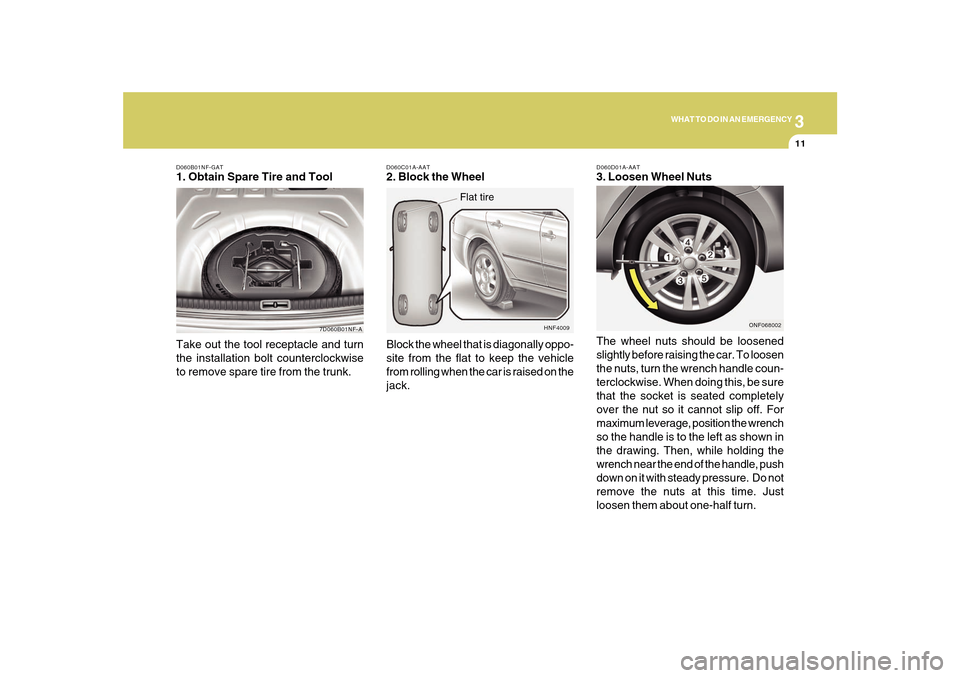 Hyundai Sonata 2010  Owners Manual 3
WHAT TO DO IN AN EMERGENCY
11
D060B01NF-GAT1. Obtain Spare Tire and Tool
7D060B01NF-A
Take out the tool receptacle and turn
the installation bolt counterclockwise
to remove spare tire from the trunk