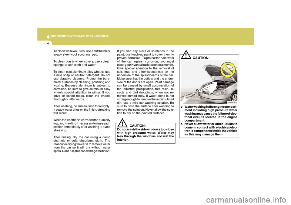 Hyundai Sonata 2010  Owners Manual 4
CORROSION PREVENTION AND APPEARANCE CARE4
If you find any nicks or scratches in the
paint, use touch-up paint to cover them to
prevent corrosion.  To protect the paintwork
of the car against corrosi