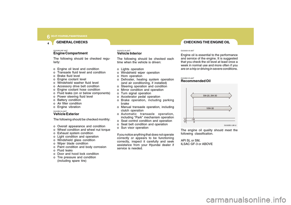 Hyundai Sonata 2010  Owners Manual 6
DO-IT-YOURSELF MAINTENANCE
4
G020C01A-AATVehicle InteriorThe following should be checked each
time when the vehicle is driven:
o Lights operation
o Windshield wiper operation
o Horn operation
o Defr