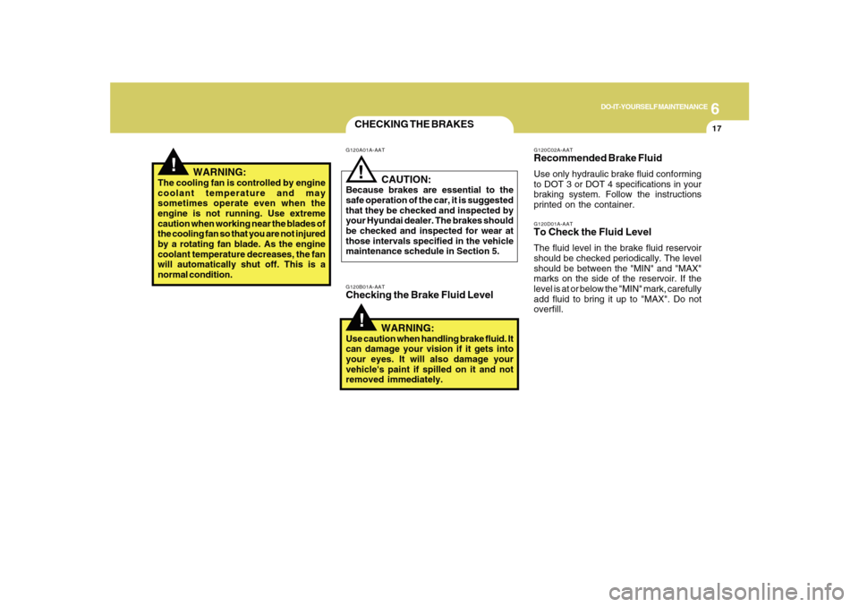 Hyundai Sonata 2010  Owners Manual 6
DO-IT-YOURSELF MAINTENANCE
17
CHECKING THE BRAKES!
G120B01A-AATChecking the Brake Fluid Level
   WARNING:Use caution when handling brake fluid. It
can damage your vision if it gets into
your eyes. I