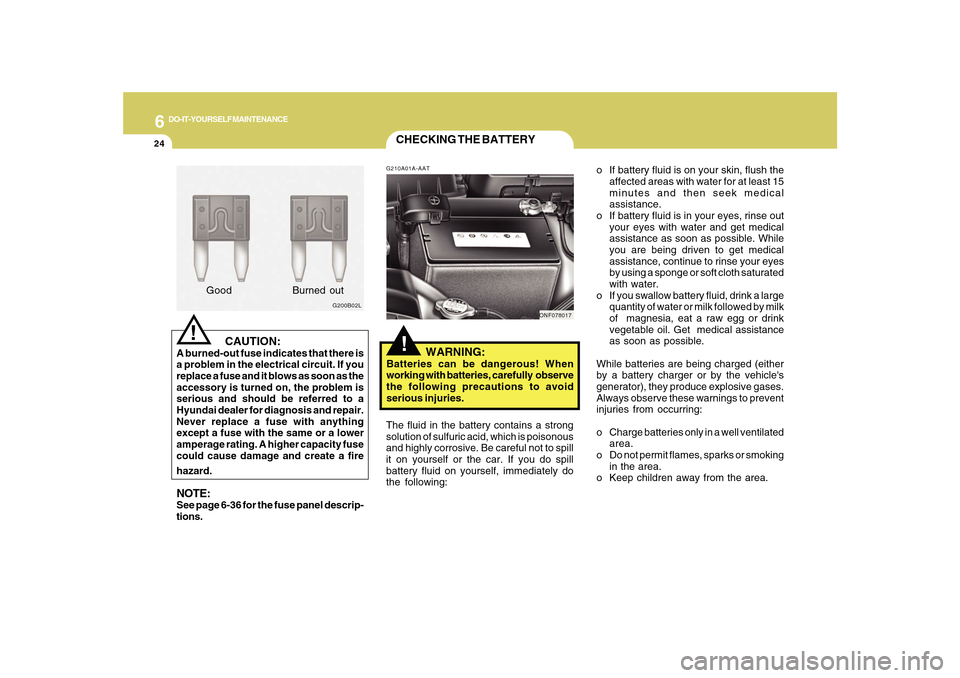 Hyundai Sonata 2010  Owners Manual 6
DO-IT-YOURSELF MAINTENANCE
24
CHECKING THE BATTERY!
G210A01A-AAT
   WARNING:
Batteries can be dangerous! When
working with batteries, carefully  observe
the following precautions to avoid
serious in