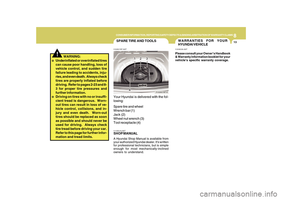 Hyundai Sonata 2010  Owners Manual 8
CONSUMER INFORMATION, REPORTING SAFETY DEFECTS & BINDING ARBITRATION OF WARRANTY CLAIMS
13
!
SPARE TIRE AND TOOLSI100A01NF-AATYour Hyundai is delivered with the fol-
lowing:
Spare tire and wheel
Wre