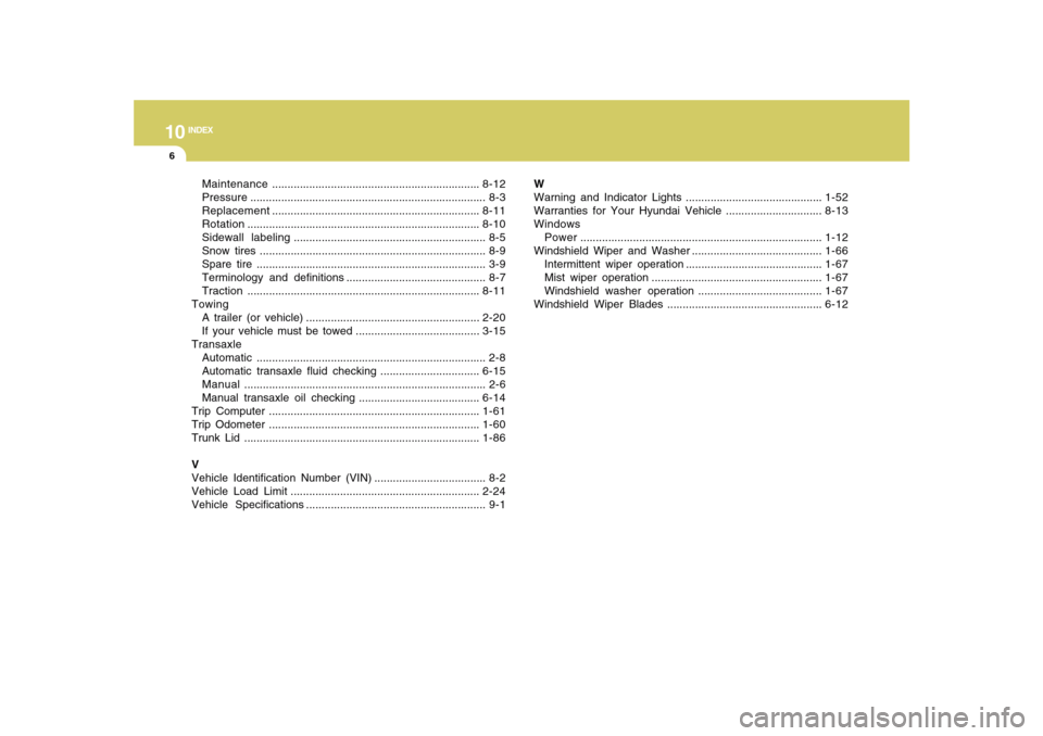 Hyundai Sonata 2010  Owners Manual 10
INDEX
6
Maintenance...................................................................8-12
Pressure............................................................................ 8-3
Replacement......