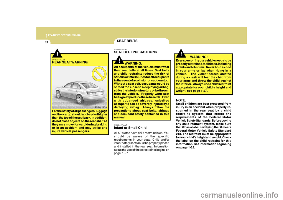 Hyundai Sonata 2010  Owners Manual 1FEATURES OF YOUR HYUNDAI22
SEAT BELTSB150B04Y-AATInfant or Small ChildAll 50 states have child restraint laws. You
should be aware of the specific
requirements in your state. Child and/or
infant safe