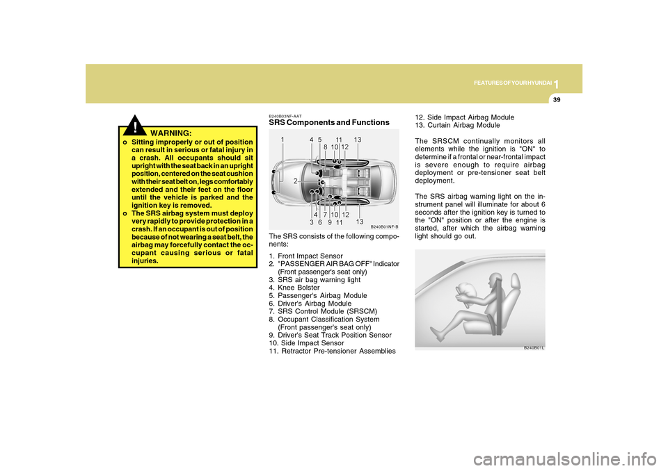 Hyundai Sonata 2010  Owners Manual 1
FEATURES OF YOUR HYUNDAI
39
12. Side Impact Airbag Module
13. Curtain Airbag Module
The SRSCM continually monitors all
elements while the ignition is "ON" to
determine if a frontal or near-frontal i