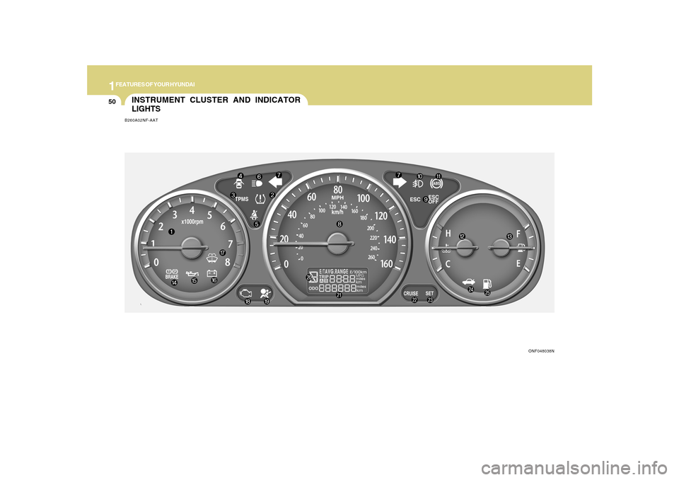 Hyundai Sonata 2010  Owners Manual 1FEATURES OF YOUR HYUNDAI50
INSTRUMENT CLUSTER AND INDICATOR
LIGHTSB260A02NF-AAT
ONF048038N   